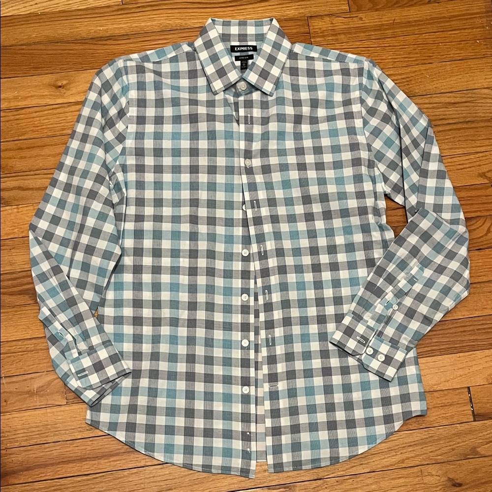 Express Men's Blue and Gray Checkered Shirt